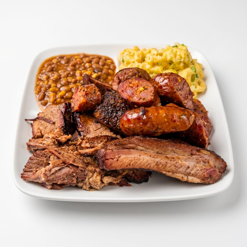 A white plate piled high with barbecue brisket, sausage, baked beans, and macaroni salad.