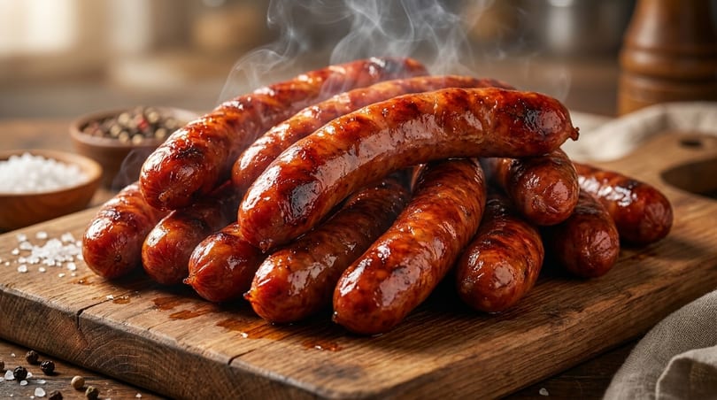 Steaming, grilled sausages piled on a rustic wooden cutting board with salt and peppercorns.