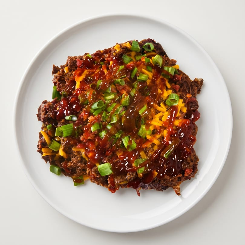 Pulled pork with barbecue sauce, shredded cheddar cheese, and green onions on a white plate.